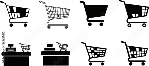 Black and White Vector Shopping Cart and Retail Counter Icons Set.eps