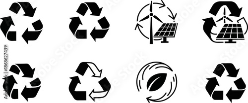 Eco friendly Recycling and Renewable Energy Black Glyph Icons Set.eps