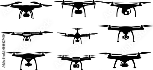 Black vector silhouettes of various drones with cameras.eps