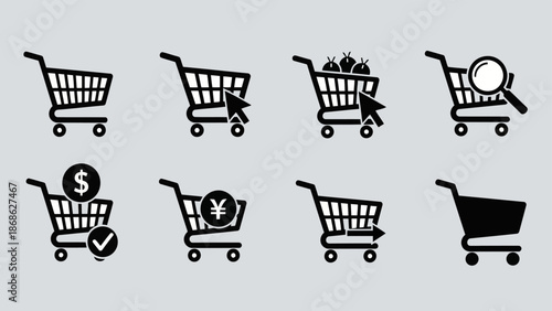 Flat Black E commerce Shopping Cart Vector Icons Collection.eps