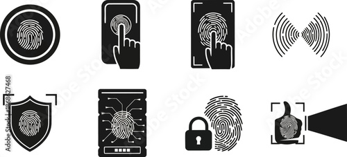 Fingerprint Biometric Authentication Icons Flat Black and White Style.eps