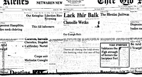 Abstract grunge seamless pattern with newspaper or magazine and urban landscapes. Modern building. Chaotic vector background on city life in retro style. Wallpaper, wrapping paper, fabric design. 