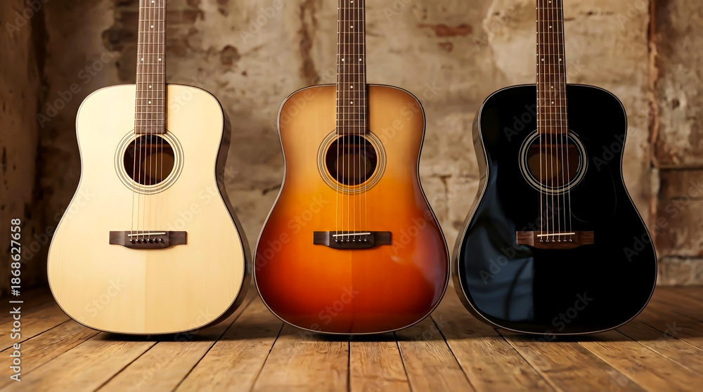Fototapeta premium Three acoustic guitars, each with distinct colors and features