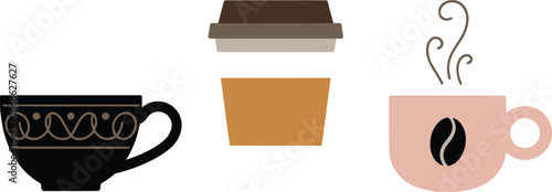 Coffee Cup Collection Illustration – Ceramic Mug, Takeaway Coffee Cup and Steaming Espresso Cup in Minimal Flat Design