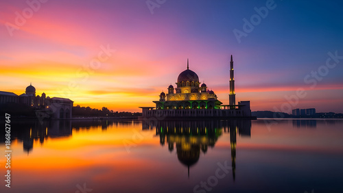 Beautiful Ramadan sunset over a mosque reflected in calm water with vibrant colors in the sky
