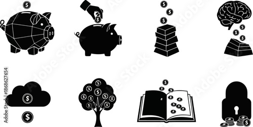 Money and Finance Icons Savings Investment Knowledge Security Black Silhouette Set.eps