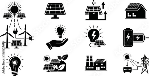 Solar and Wind Renewable Green Energy Vector Icons Set.eps