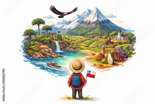 Chilean Child with Expansive Rising Landscape in Wide Vector Illustration