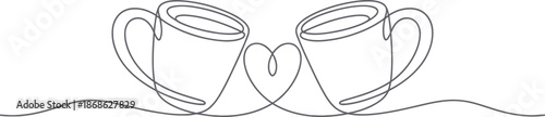 Continuous Line Two Coffee Cups with Heart Illustration – Minimal One Line Drawing Symbolizing Love, Togetherness and Cozy Coffee Moments