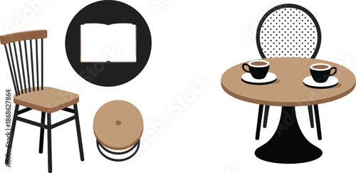 Cozy Café Interior Furniture Illustration Set – Wooden Chair, Round Table with Coffee Cups, Open Book and Stool in Modern Flat Design