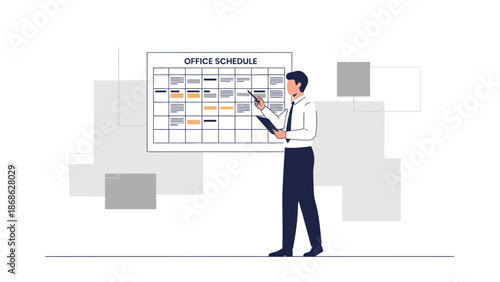 Businessman pointing at office schedule board, planning, organizing, time management