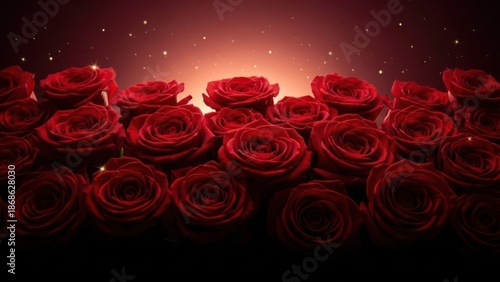 Luxurious deep red roses bouquet, velvety petals, dramatically lit by a warm gradient glow and sparkling golden particles, ideal for romance and celebrations.