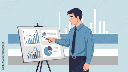 Businessman presenting financial charts and graphs on a whiteboard for business meeting.