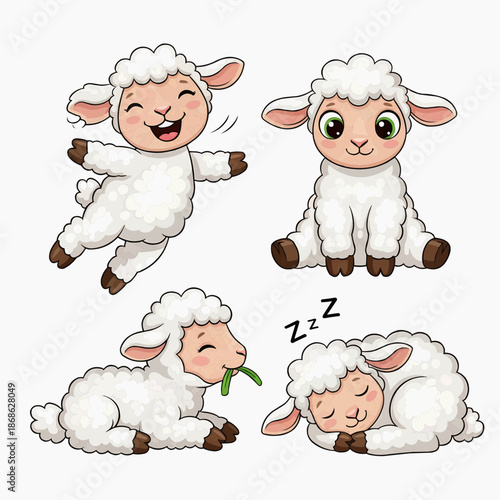 Set of cute cartoon baby sheep in different playful emotions