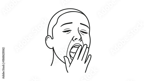 Minimalist Line Art of Person Yawning with Hand Over Mouth, Chronic Fatigue and Morning Routine Outline Sketch for Health and Wellness