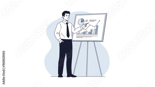 Businessman presenting financial report with charts on a whiteboard
