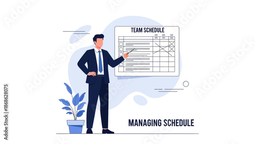 Businessman Presenting Team Schedule Plan on Whiteboard