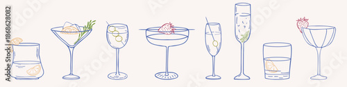 Collection of hand drawn vector illustrations of drinks and cocktails in different glasses with ice cubes, garnishes, citrus, herbs, strawberry, olives, in doodle ink sketch style for wedding or party