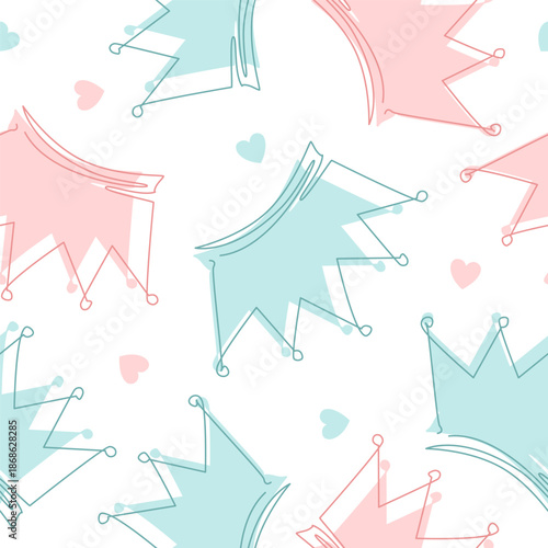 Gender Party Baby Crowns Seamless Pattern. Boy or Girl Reveal, He or She Pink and Blue Vector Background. Nursery Cute Backdrop.