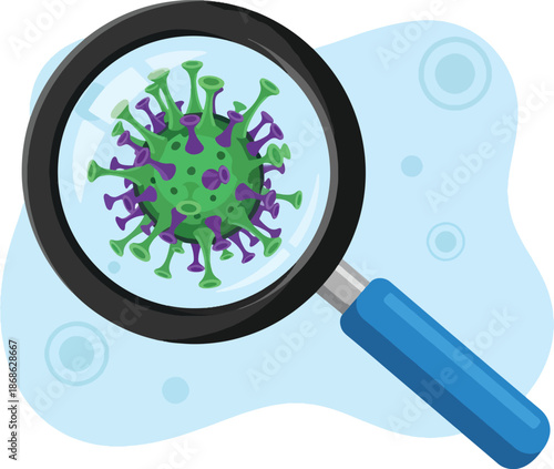 Magnified green and purple virus particle with a magnifying glass