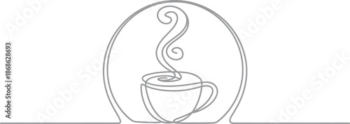 Minimal One Line Coffee Cup Illustration in Circular Frame – Elegant Continuous Line Drawing of Hot Beverage, Calm Mood and Café Aesthetic Design
