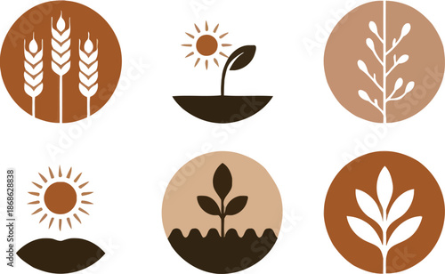 Organic Farming and Agriculture Icon Set – Wheat, Sun, Soil and Growing Plant Symbols in Earth Tone Flat Design