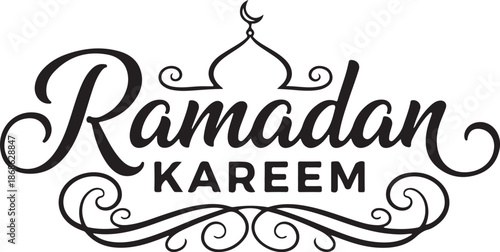 Ramadan kareem elegant calligraphy with mosque dome and crescent moon