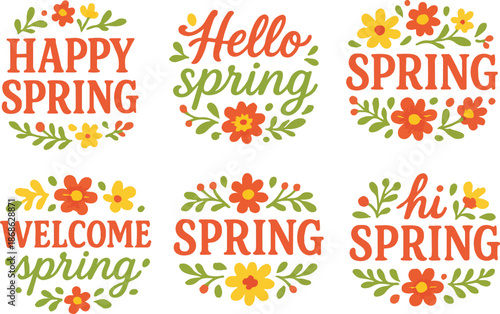 Vibrant collection of cheerful spring greetings with colorful floral illustrations