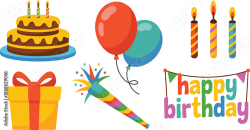 A vibrant collection of festive birthday celebration elements including cake, balloons, and gifts