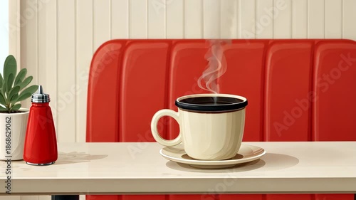 Steaming coffee moment in retro diner setting with red booth background