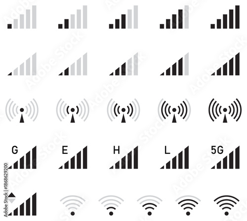 Collection of mobile signal strength and wireless connectivity icons showing different levels, networks and technologies including 2G, 3G, 4G, LTE, 5G and WiFi. Ideal for apps, UI, web and technology.