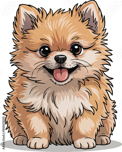 An incredibly cute fluffy brown Pomeranian dog with large dark eyes gazes happily forward