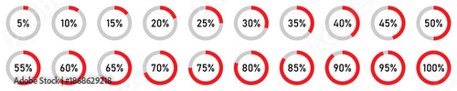 Set of circular progress and percentage indicator icons from 5% to 100%. Vector illustration.
