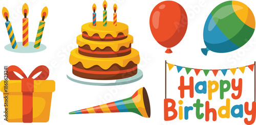 An inviting collection of birthday celebration items featuring cake, balloons, candles, and a gift