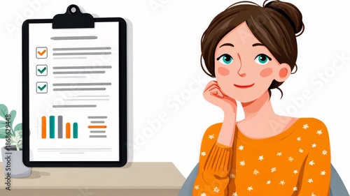 Animated woman contemplates productivity with clipboards and charts in background