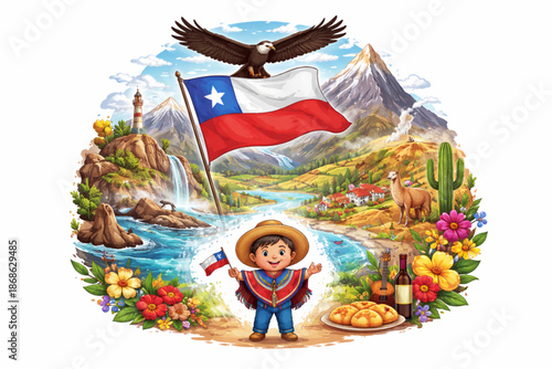 Chilean Child with Expansive Rising Landscape in Wide Vector Illustration