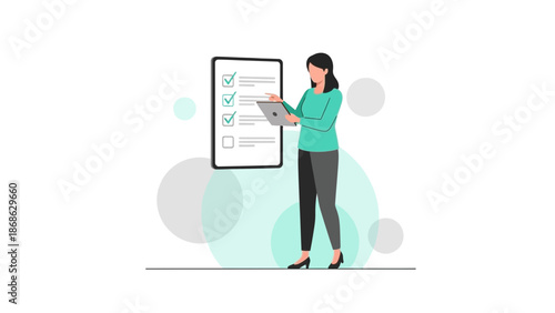 Businesswoman checking checklist on tablet near large board with completed tasks