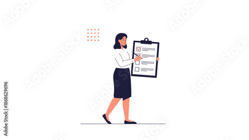 Businesswoman checking off a list on a clipboard, planning and organization concept