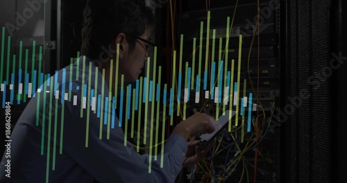 Testing Korean tech in blue-shirt specs fixing cables in datacenter with tablet overlay, copy space