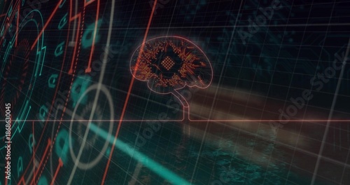 Hovering glowing brain circuit showing chip traces above reflective grid, with HUD, copy space