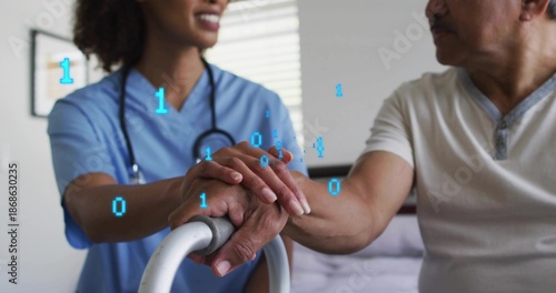 Placing nurse in blue scrubs and stethoscope supporting senior at bed with walker, binary overlay