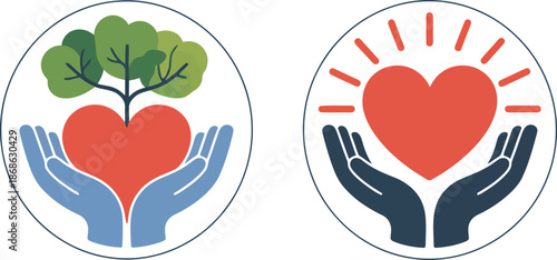 Circular icons show light blue hands nurturing a heart with a tree and dark hands holding a glowing heart