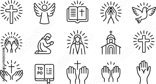 Collection of Christian faith symbols including crosses praying hands angels and biblical elements