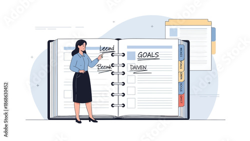 Businesswoman planning goals and strategy in notebook, goal-driven mindset