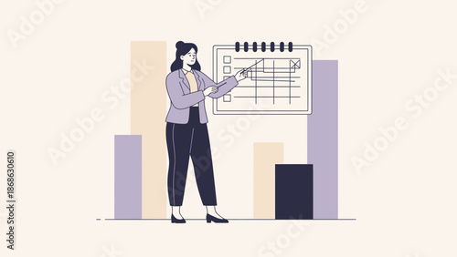 Businesswoman pointing at calendar and bar chart, planning, strategy, data analysis