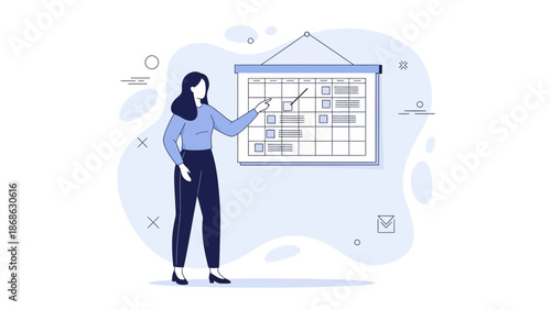 Businesswoman pointing at a planning board with tasks and deadlines