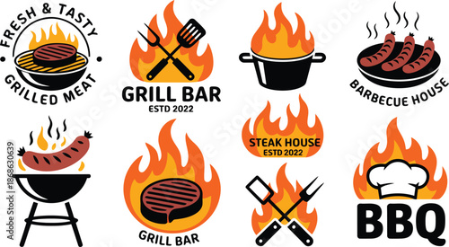 Collection of eight fiery BBQ and steak house logos with grilled food and cooking utensils
