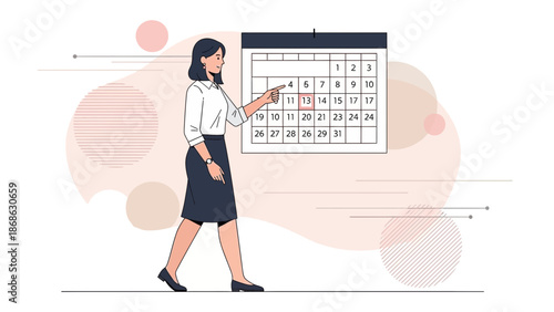 Businesswoman pointing at calendar, planning schedule, time management concept.