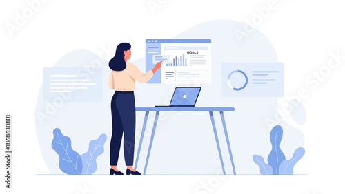 Businesswoman presenting analytics report with charts and goals on screen, laptop on desk