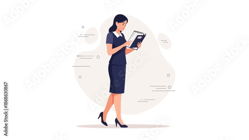 Businesswoman reading document or notebook, modern flat illustration